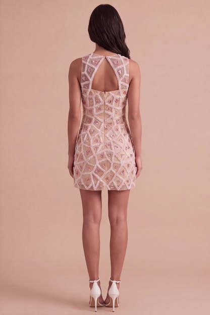 Blush Sparkly Sequins Beaded Keyhole Short Homecoming Dress