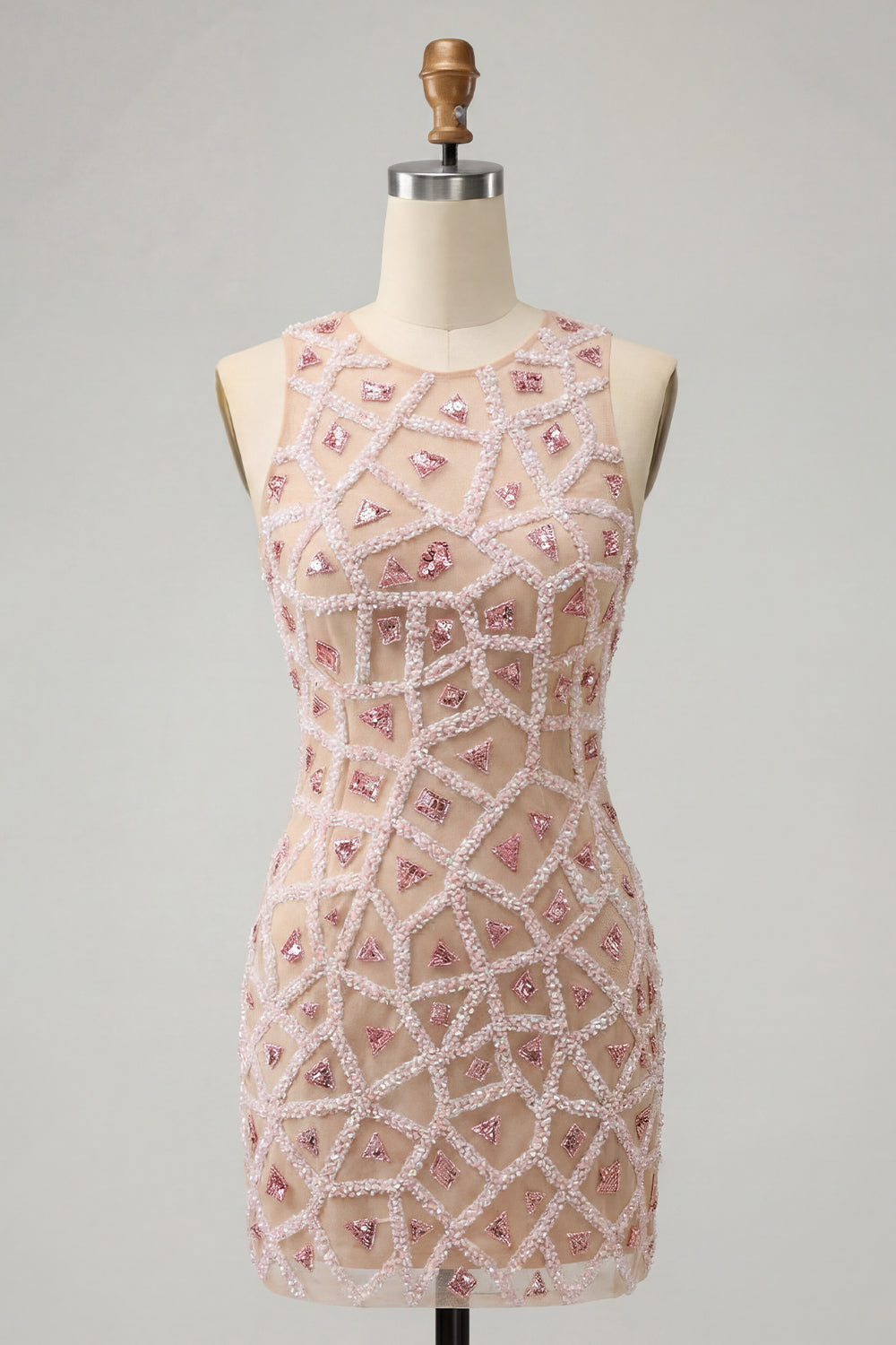 Blush Sparkly Sequins Beaded Keyhole Short Homecoming Dress