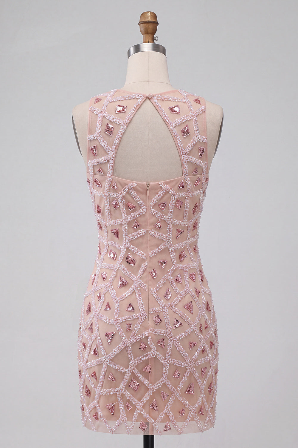Blush Sparkly Sequins Beaded Keyhole Short Homecoming Dress