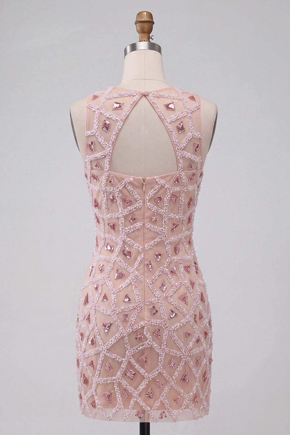 Blush Sparkly Sequins Beaded Keyhole Short Homecoming Dress