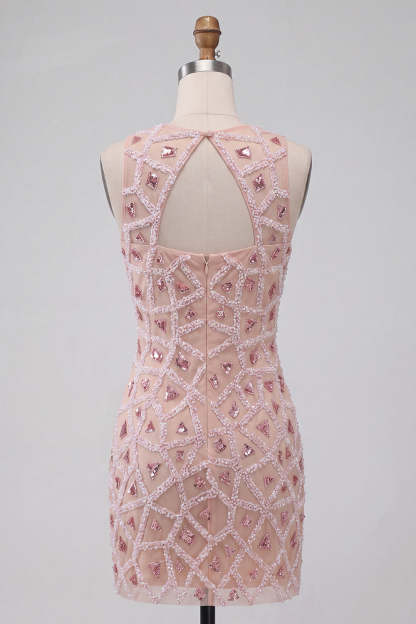 Blush Sparkly Sequins Beaded Keyhole Short Homecoming Dress