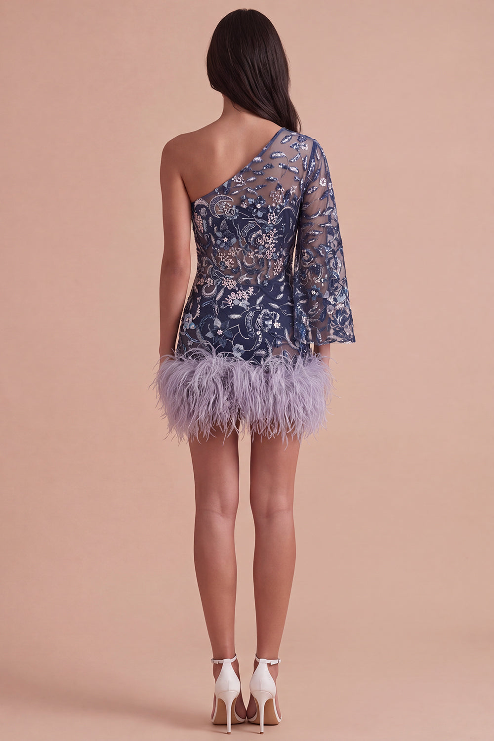 Navy Sparkly Sequins Floral One Shoulder Short Homecoming Dress with Feather