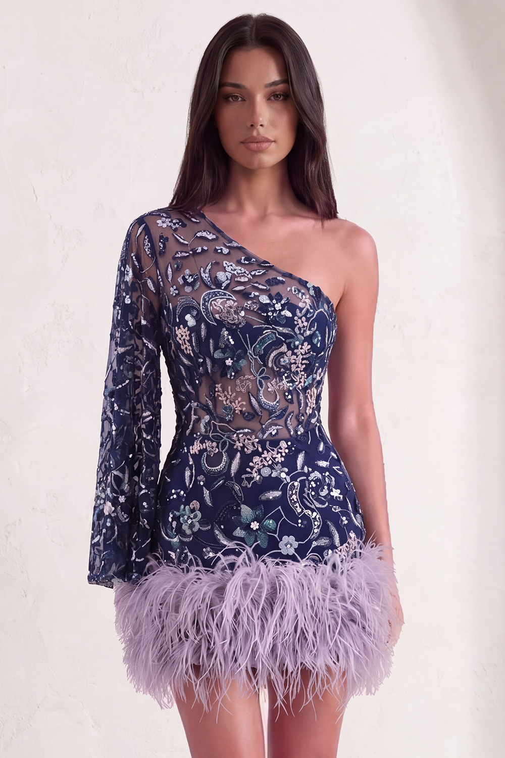 Leely Women Navy Sparkly Sequins Floral Short Homecoming Dress Bodycon One Shoulder Long Sleeves Cocktail Dress with Feathers