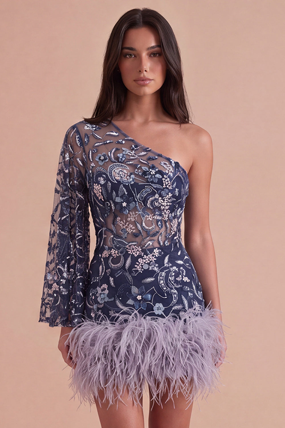 Leely Women Navy Sparkly Sequins Floral Short Homecoming Dress Bodycon One Shoulder Long Sleeves Cocktail Dress with Feathers