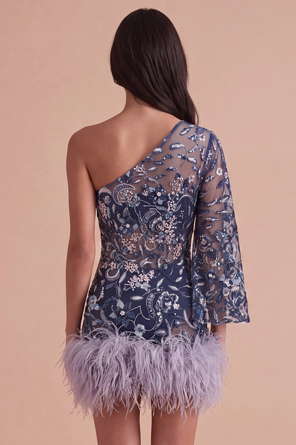Navy Sparkly Sequins Floral One Shoulder Short Homecoming Dress with Feather