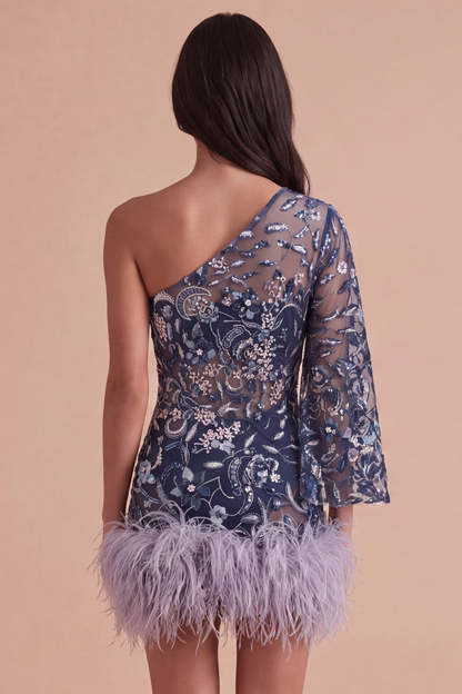 Navy Sparkly Sequins Floral One Shoulder Short Homecoming Dress with Feather