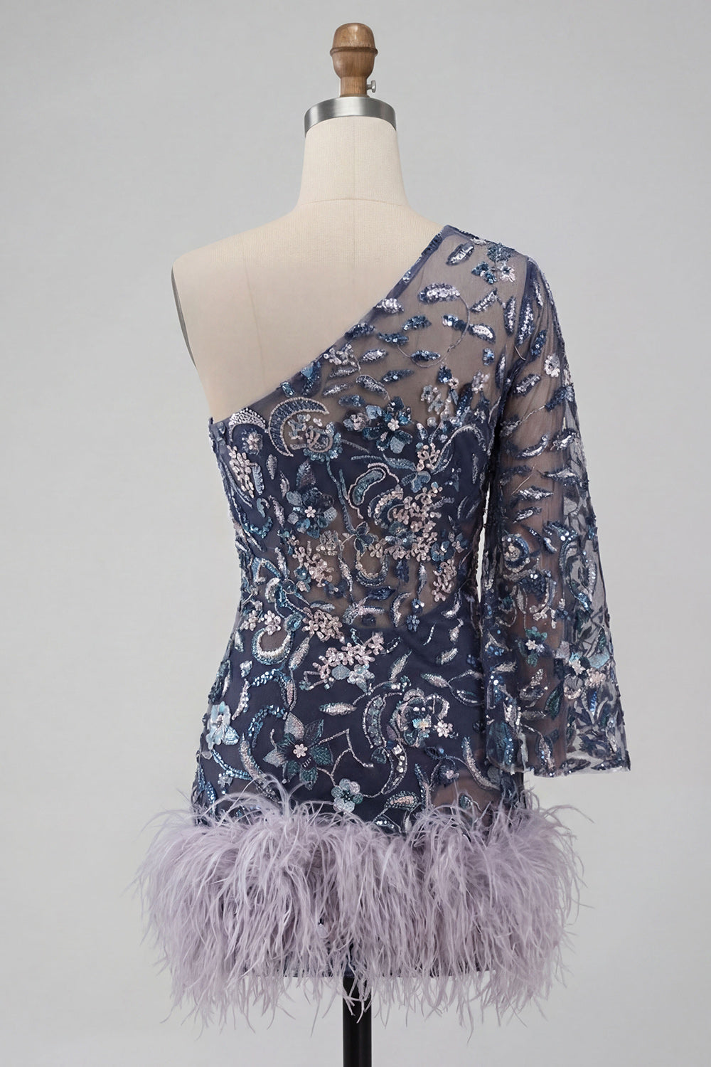 Navy Sparkly Sequins Floral One Shoulder Short Homecoming Dress with Feather
