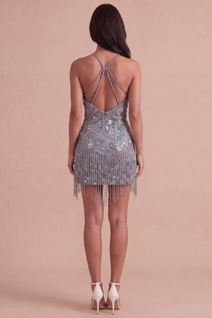 Sparkly Sequins Floral Beaded Grey Halter Short Homecoming Dress with Fringes