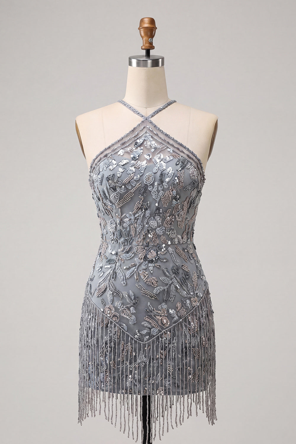 Sparkly Sequins Floral Beaded Grey Halter Short Homecoming Dress with Fringes