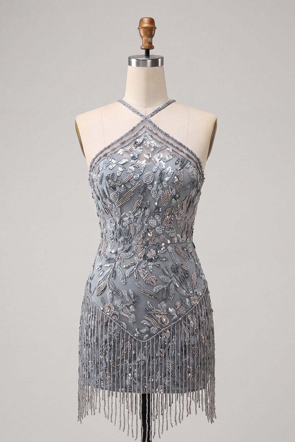 Sparkly Sequins Floral Beaded Grey Halter Short Homecoming Dress with Fringes