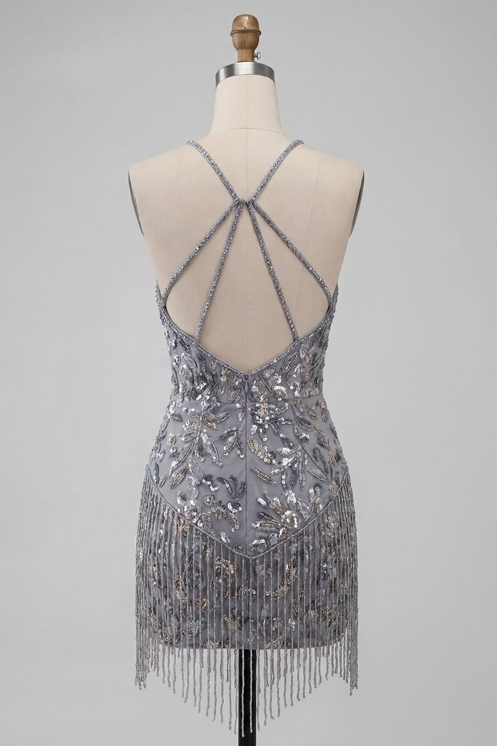 Sparkly Sequins Floral Beaded Grey Halter Short Homecoming Dress with Fringes