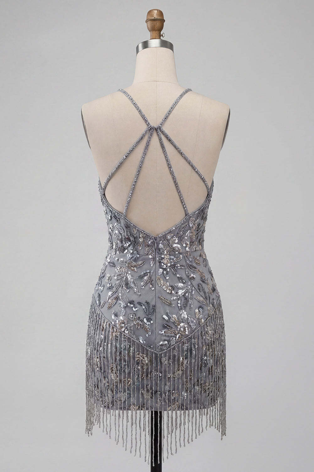 Sparkly Sequins Floral Beaded Grey Halter Short Homecoming Dress with Fringes