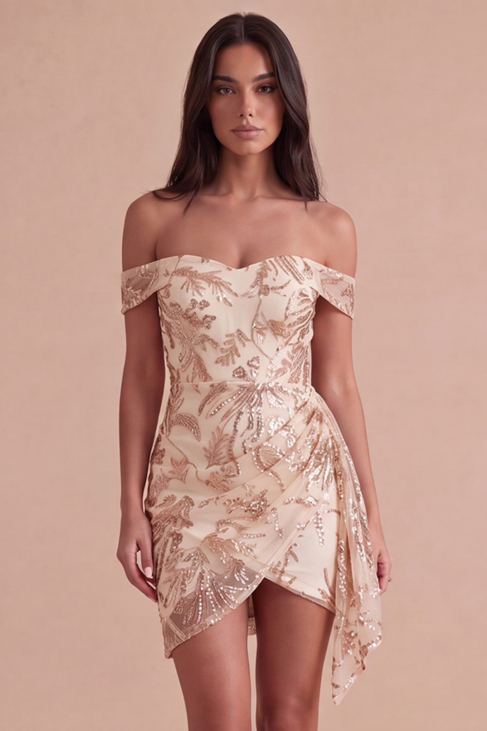 Sparkly Sequins Floral Champagne Bodycon Short Homecoming Dress with Sash