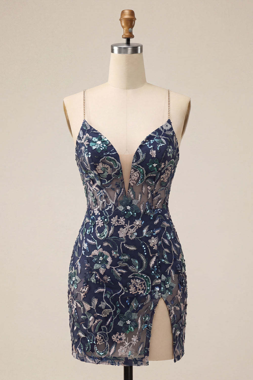 Navy Sparkly Sequins Floral Spaghetti Straps Short Homecoming Dress with Slit