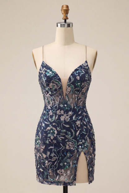 Navy Sparkly Sequins Floral Spaghetti Straps Short Homecoming Dress with Slit