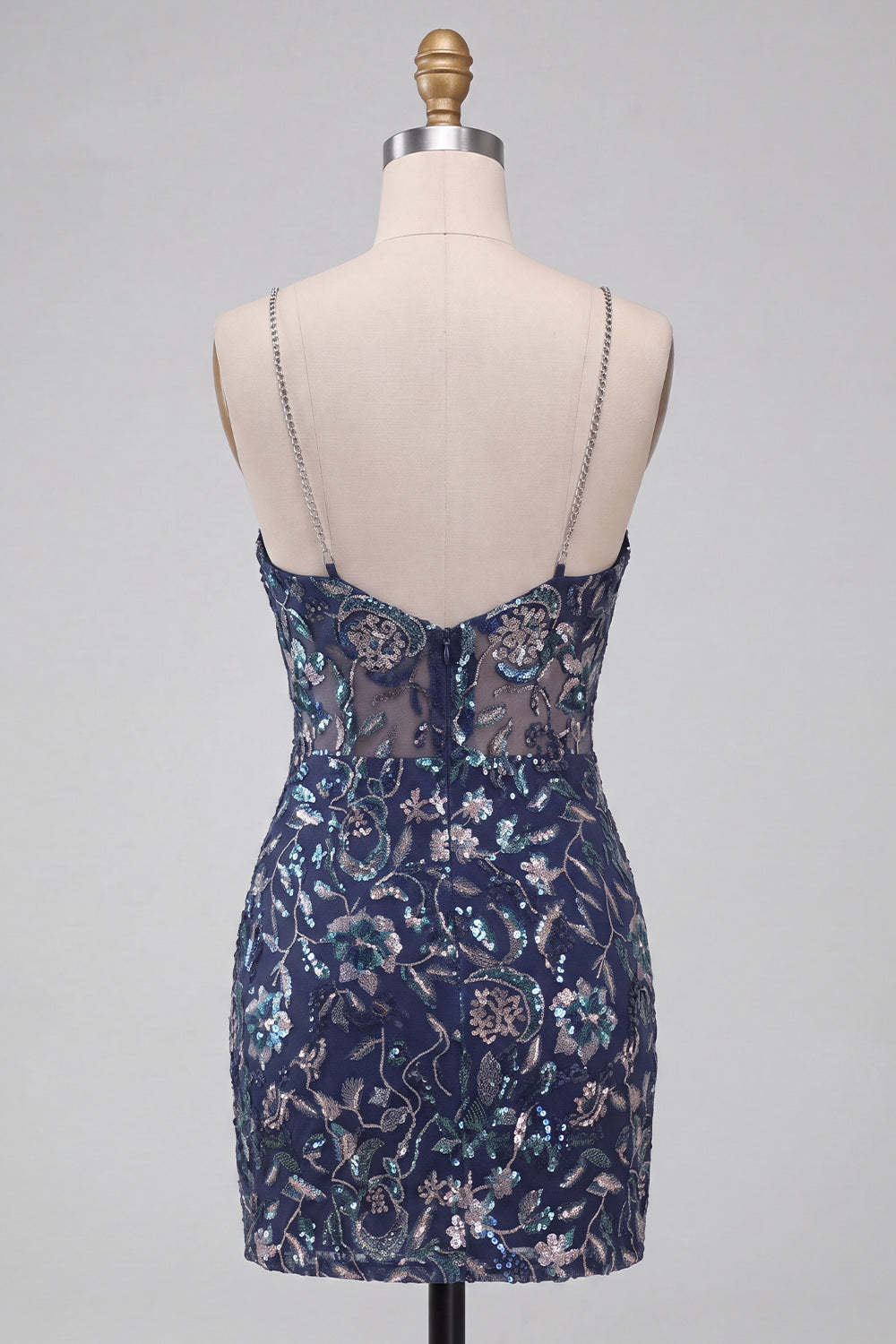 Navy Sparkly Sequins Floral Spaghetti Straps Short Homecoming Dress with Slit