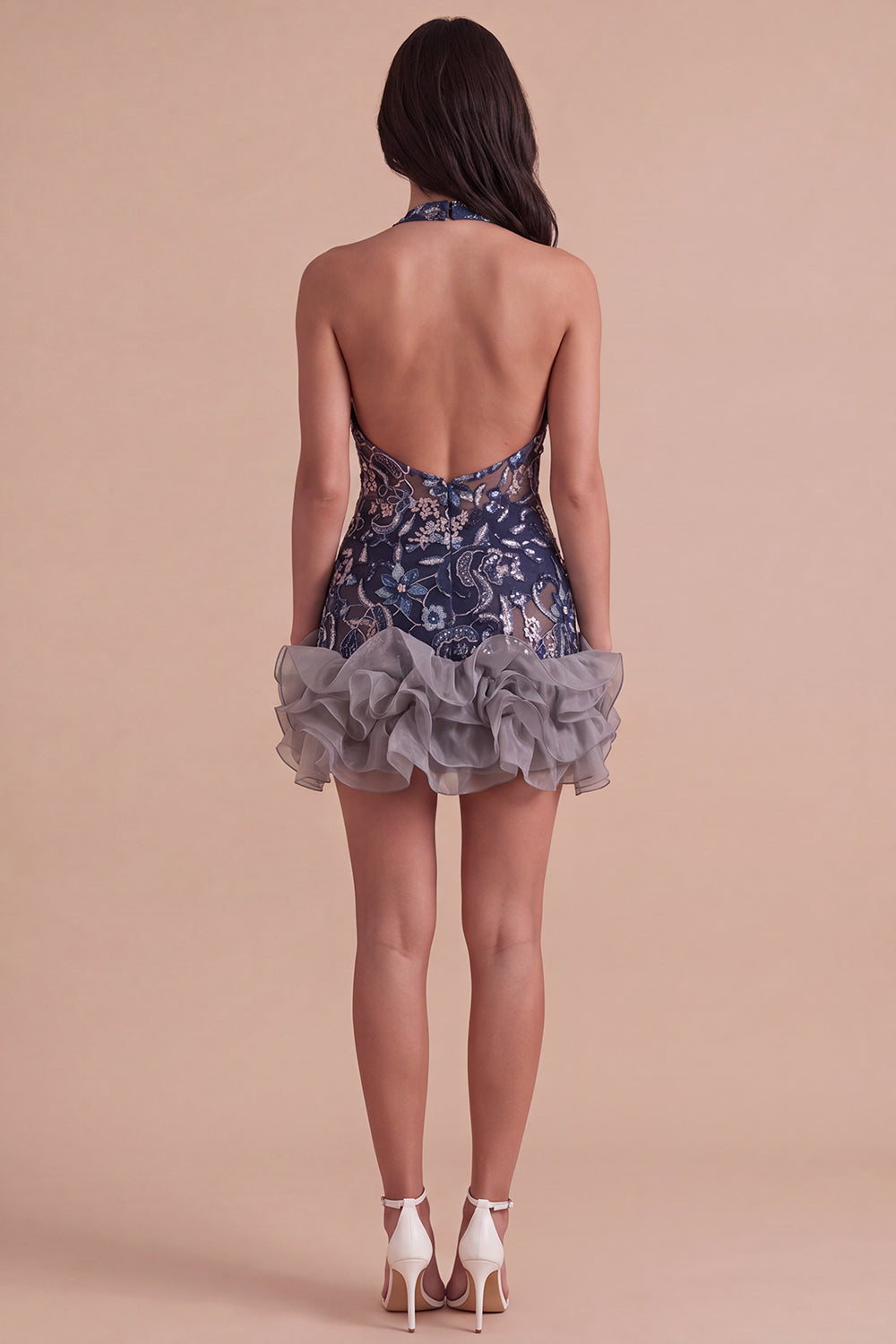 Sparkly Sequins Navy Floral Halter Short Homecoming Dress with Ruffles