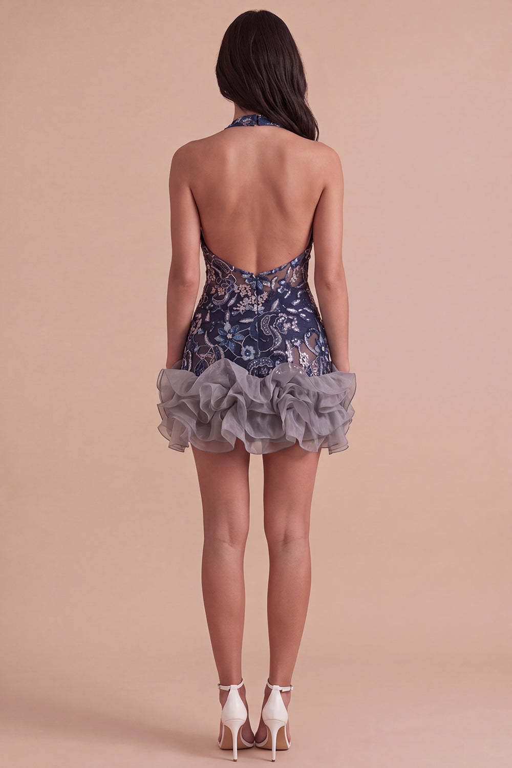 Sparkly Sequins Navy Floral Halter Short Homecoming Dress with Ruffles