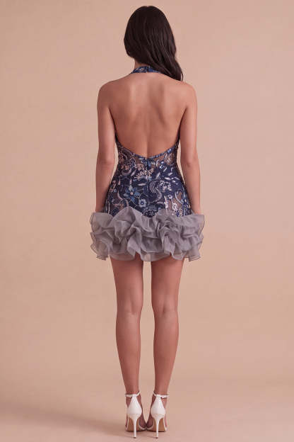 Sparkly Sequins Navy Floral Halter Short Homecoming Dress with Ruffles