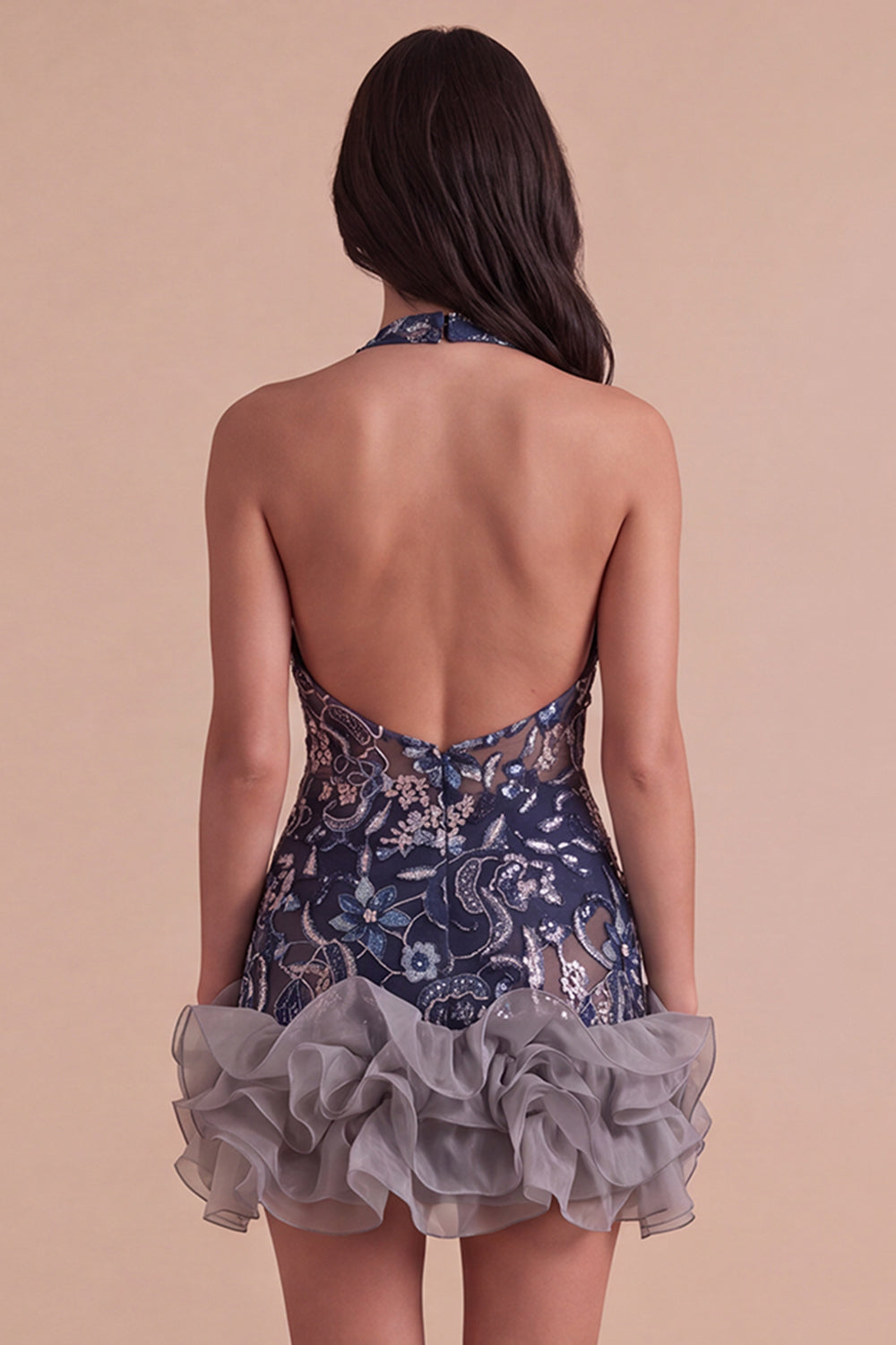 Sparkly Sequins Navy Floral Halter Short Homecoming Dress with Ruffles