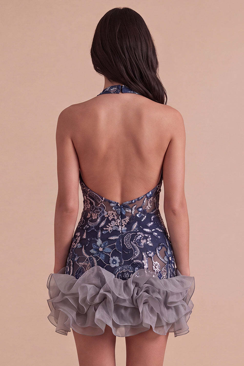 Sparkly Sequins Navy Floral Halter Short Homecoming Dress with Ruffles