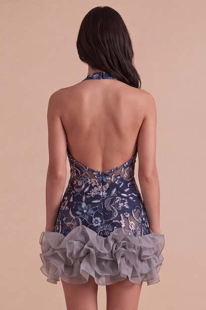 Sparkly Sequins Navy Floral Halter Short Homecoming Dress with Ruffles