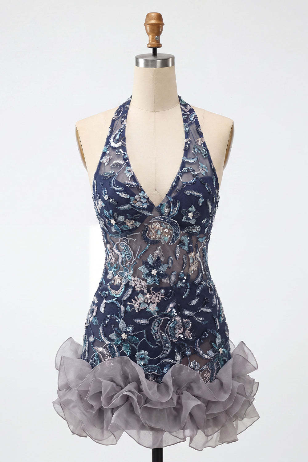 Sparkly Sequins Navy Floral Halter Short Homecoming Dress with Ruffles
