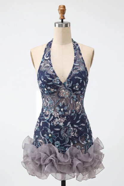 Sparkly Sequins Navy Floral Halter Short Homecoming Dress with Ruffles