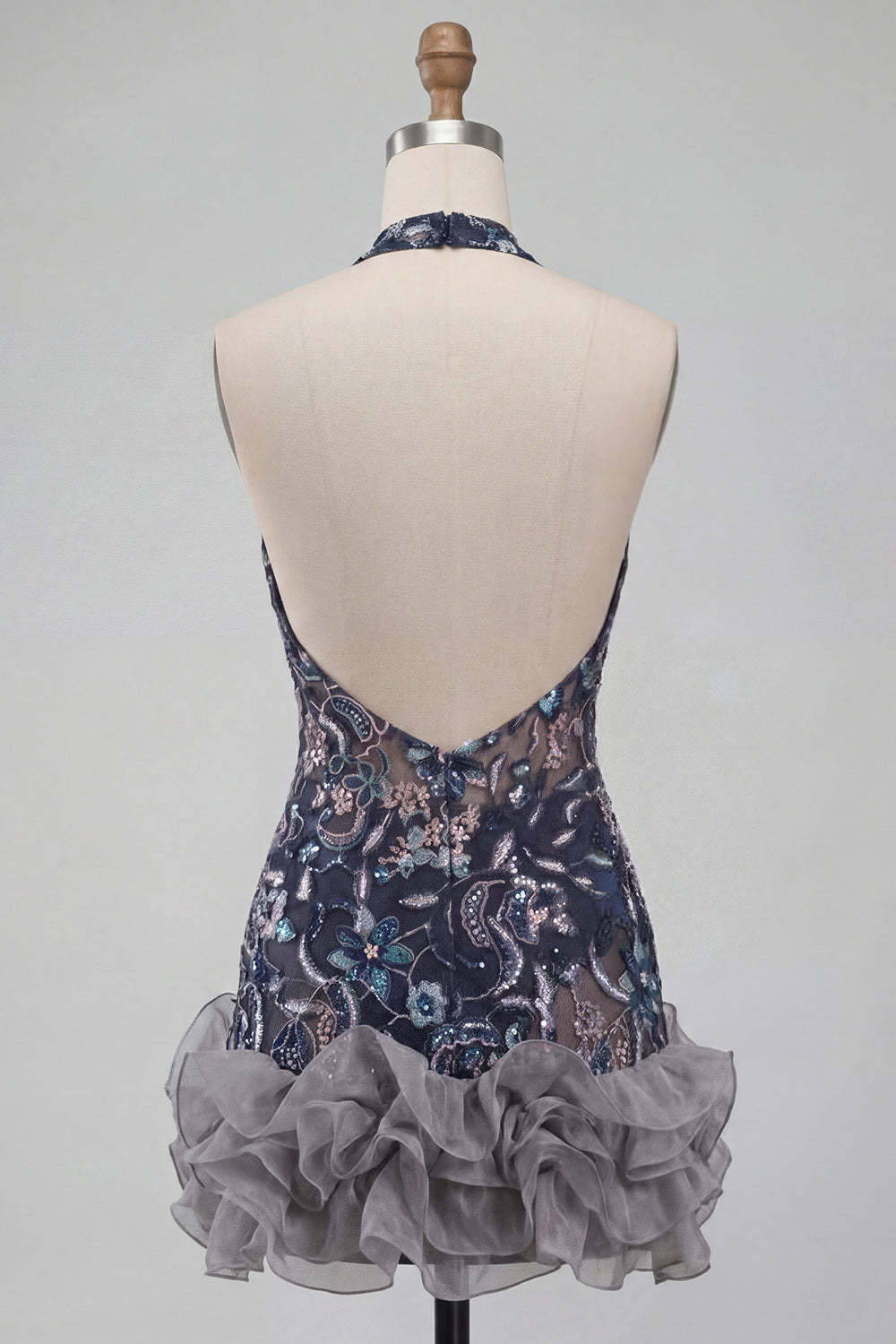 Sparkly Sequins Navy Floral Halter Short Homecoming Dress with Ruffles