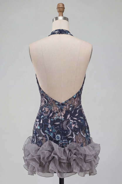 Sparkly Sequins Navy Floral Halter Short Homecoming Dress with Ruffles