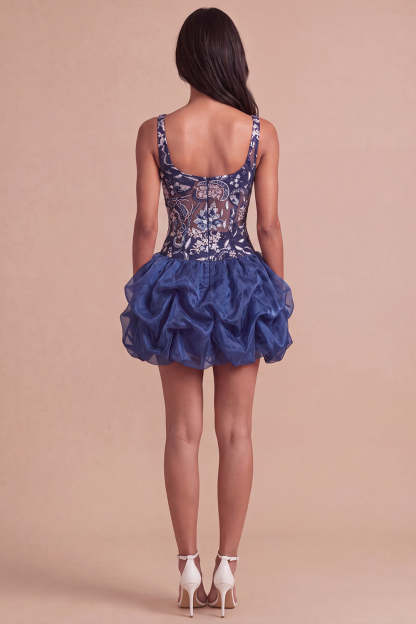 Navy Sparkly Sequins Floral Thick Straps Short Bubble Homecoming Dress