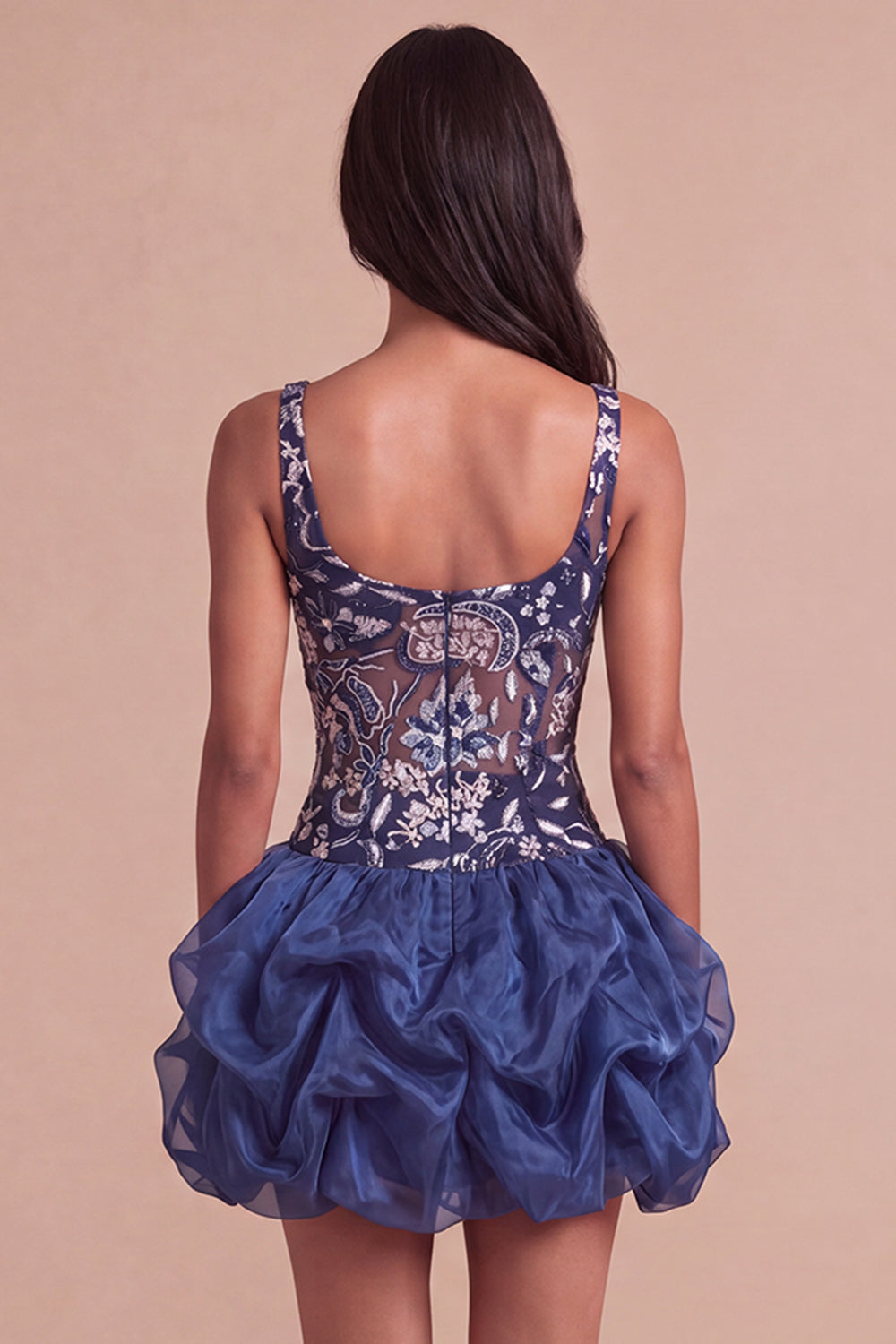 Navy Sparkly Sequins Floral Thick Straps Short Bubble Homecoming Dress