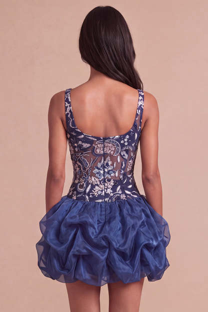 Navy Sparkly Sequins Floral Thick Straps Short Bubble Homecoming Dress