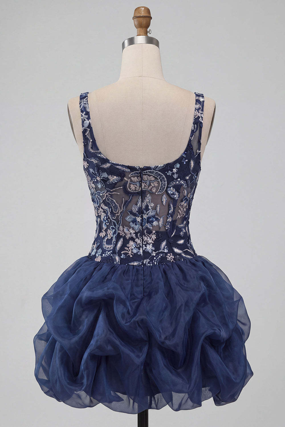 Navy Sparkly Sequins Floral Thick Straps Short Bubble Homecoming Dress