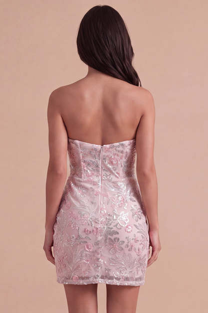 Blush Floral Sparkly Sequins Corset Ruched Strapless Short Homecoming Dress
