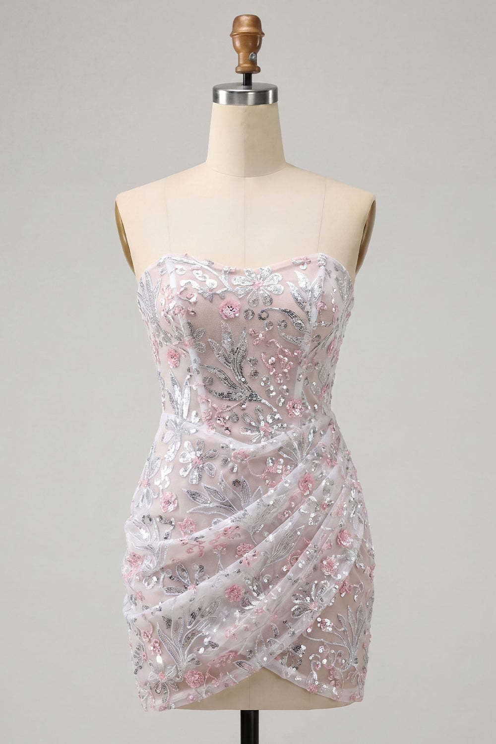 Blush Floral Sparkly Sequins Corset Ruched Strapless Short Homecoming Dress