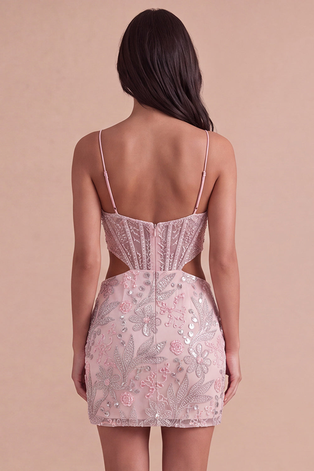 Blush Sparkly Sequins Corset Floral Cut Out Bodycon Short Homecoming Dress