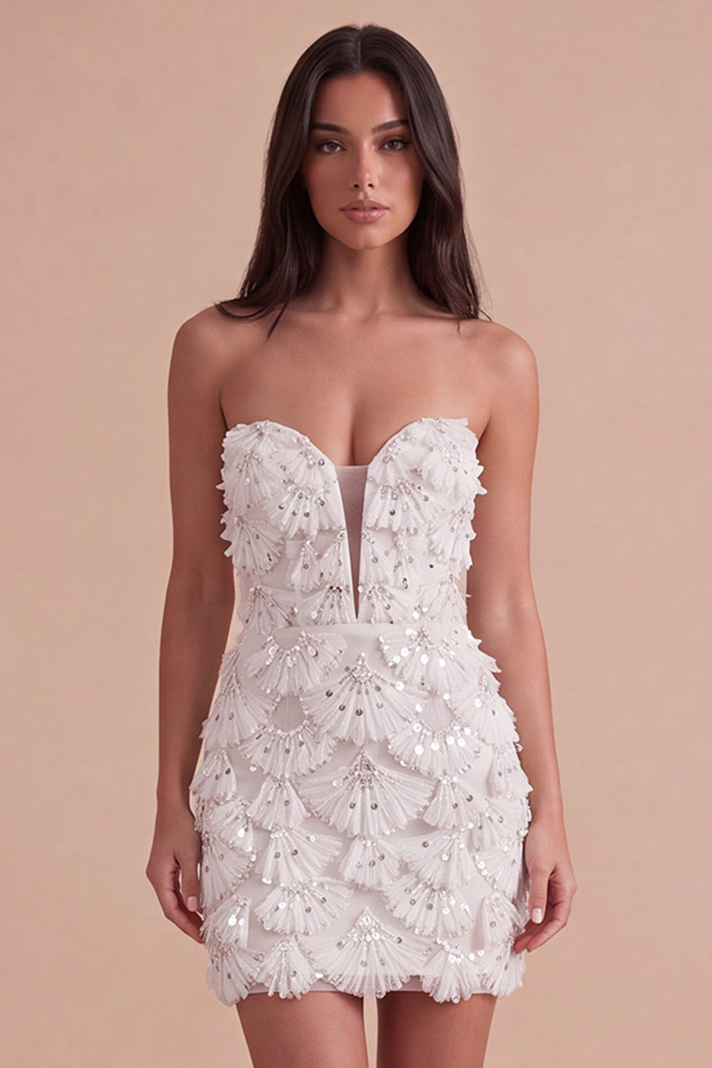 Leely Women Sparkly Sequin Ivory Short Homecoming Dress Strapless Bodycon Cocktail Dress