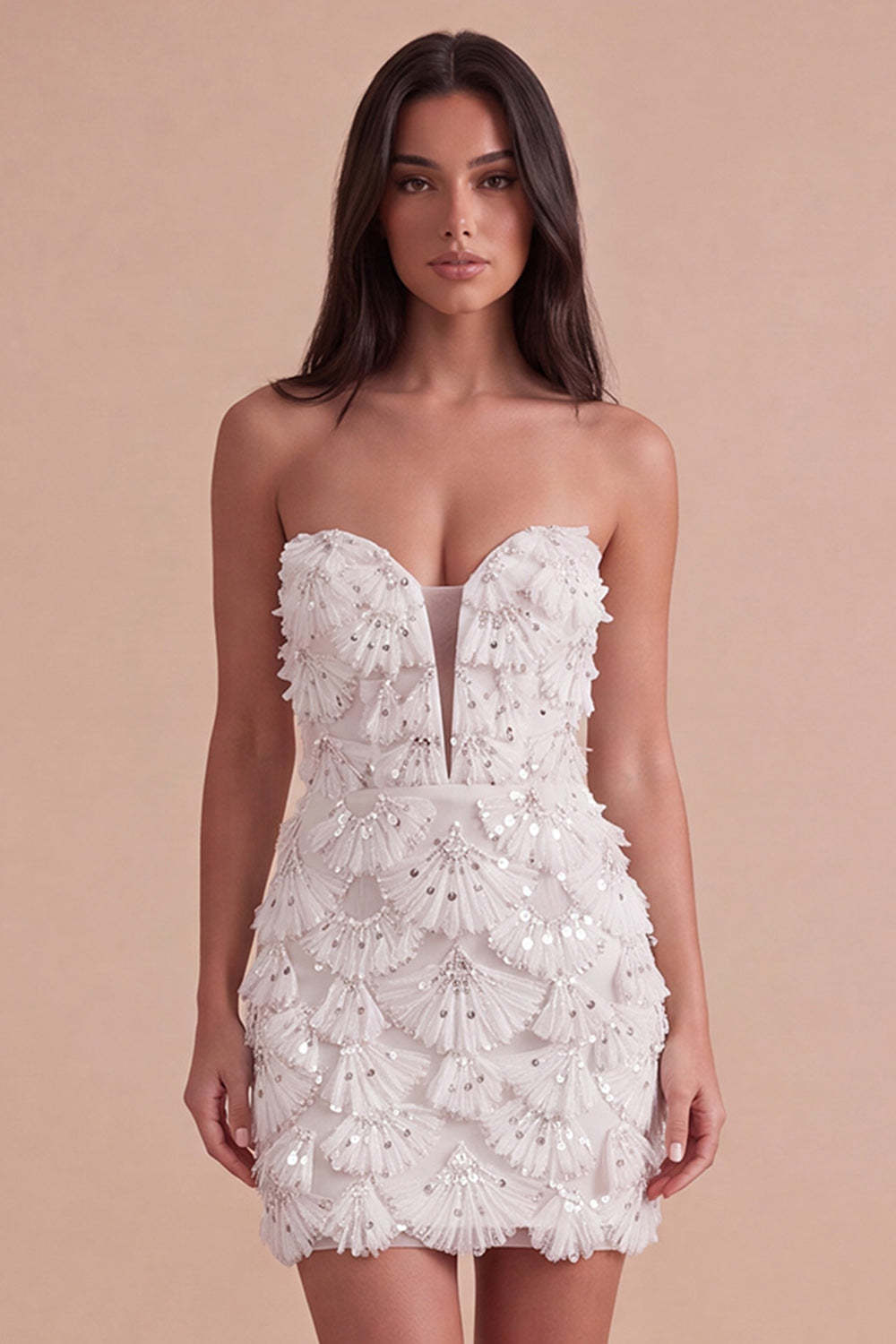 Leely Women Sparkly Sequin Ivory Short Homecoming Dress Strapless Bodycon Cocktail Dress