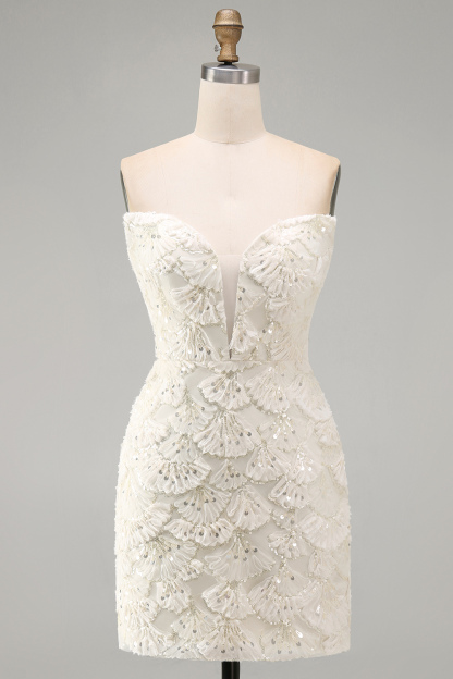 Sparkly Sequin Ivory Strapless Bodycon Short Homecoming Dress