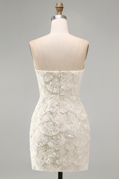 Sparkly Sequin Ivory Strapless Bodycon Short Homecoming Dress