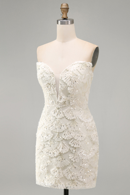 Sparkly Sequin Ivory Strapless Bodycon Short Homecoming Dress