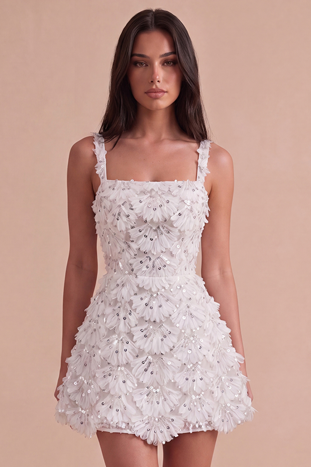Ivory Sparkly Square Neck Sequin Short Homecoming Dress