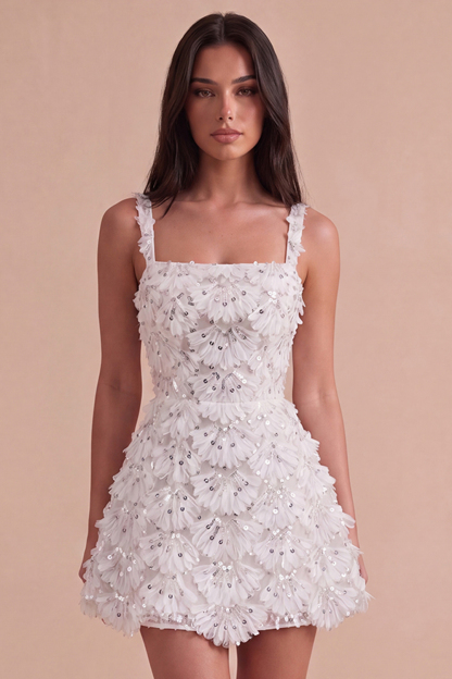 Leely Women Ivory Sparkly Sequin Short Homecoming Dress A Line Square Neck Cocktail Dress
