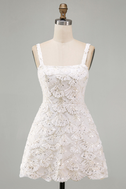 Ivory Sparkly Square Neck Sequin Short Homecoming Dress