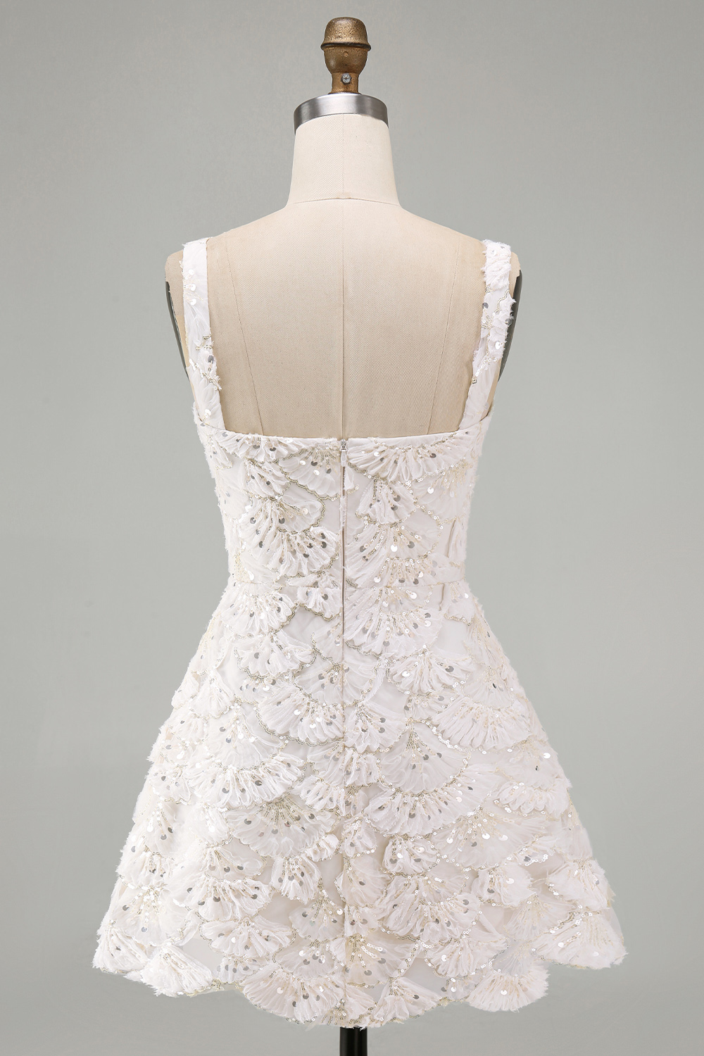 Ivory Sparkly Square Neck Sequin Short Homecoming Dress