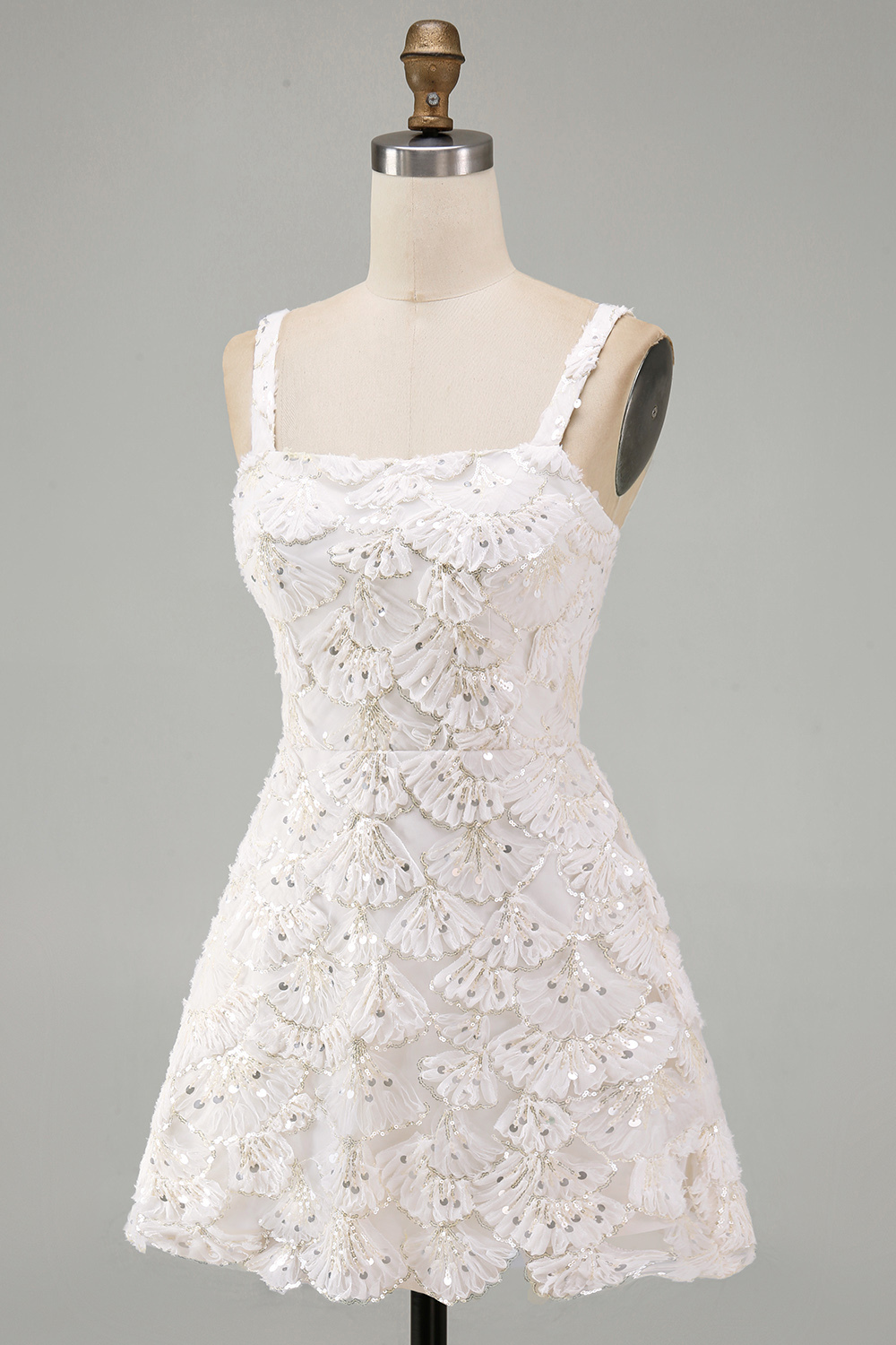 Ivory Sparkly Square Neck Sequin Short Homecoming Dress