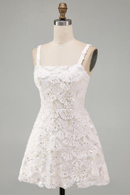 Ivory Sparkly Square Neck Sequin Short Homecoming Dress