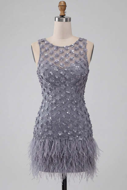Dusty Lavender Sparkly Floral Sequin Bodycon Short Homecoming Dress