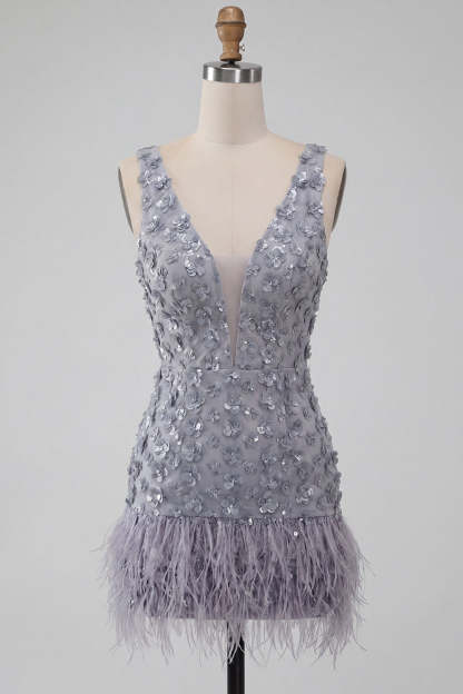 Sparkly Floral Dusty Lavender Sequin Short Homecoming Dress